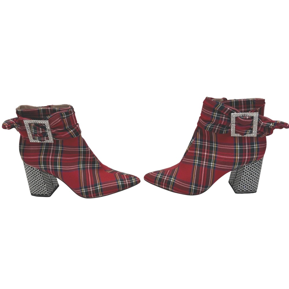 Betsey Johnson Millburn Red Tartan Plaid Rhinestone Block Heel Ankle Boots 7.5M